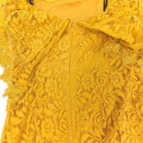 NEW Lulus Jaclyn Golden Yellow Lace Off the Shoulder Midi Dress Ruffled Small - Picture 7 of 10